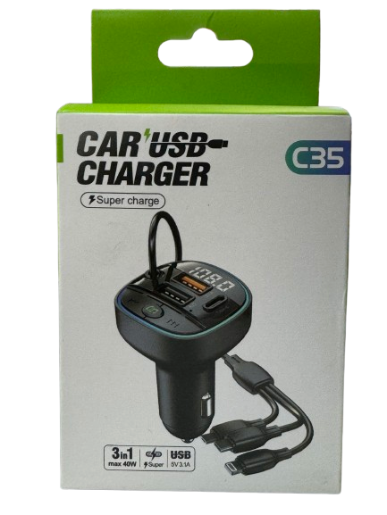 Модулятор FM C35 5в1 12-24v 2USB 5V-3,1A Type C 5V-3,1A 3in1 charging cable BT5.0 RGB-ambient light (C35) - фото 2