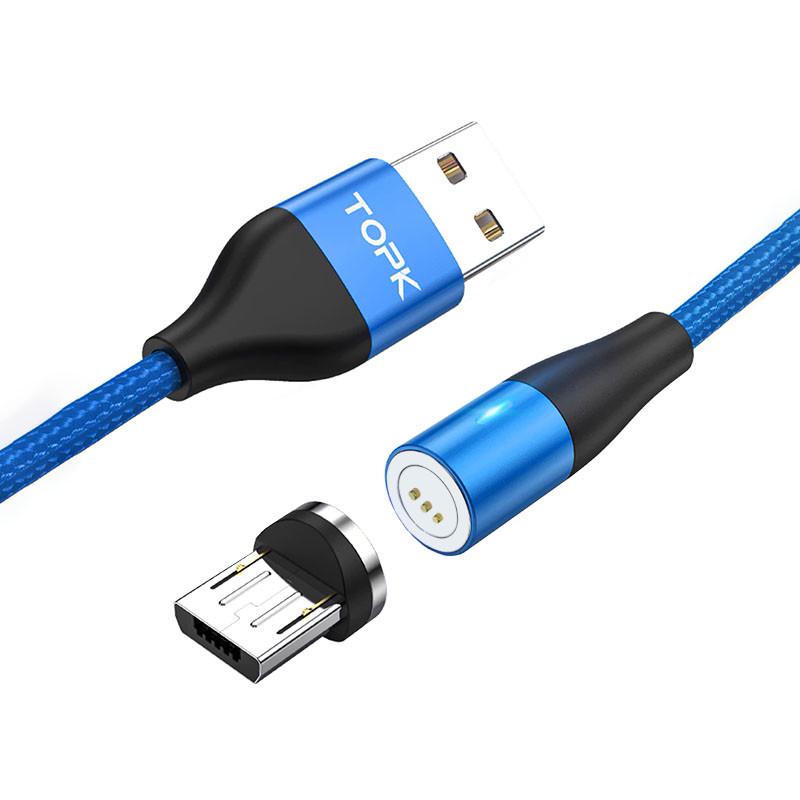 Магнітний кабель для зарядки Topk USB 2m Quick Charge 5A (AM60) MicroUSB Blue смартфона