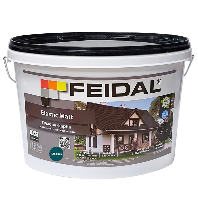 Фарба гумова Feidal Elastic Matt стійка до атмосферних впливів 6 кг RAL 6005 Зелений матовий - фото 1 Фарба гумова Feidal Elastic Matt стійка до атмосферних впливів 6 кг RAL 6005 Зелений матовий - фото 1