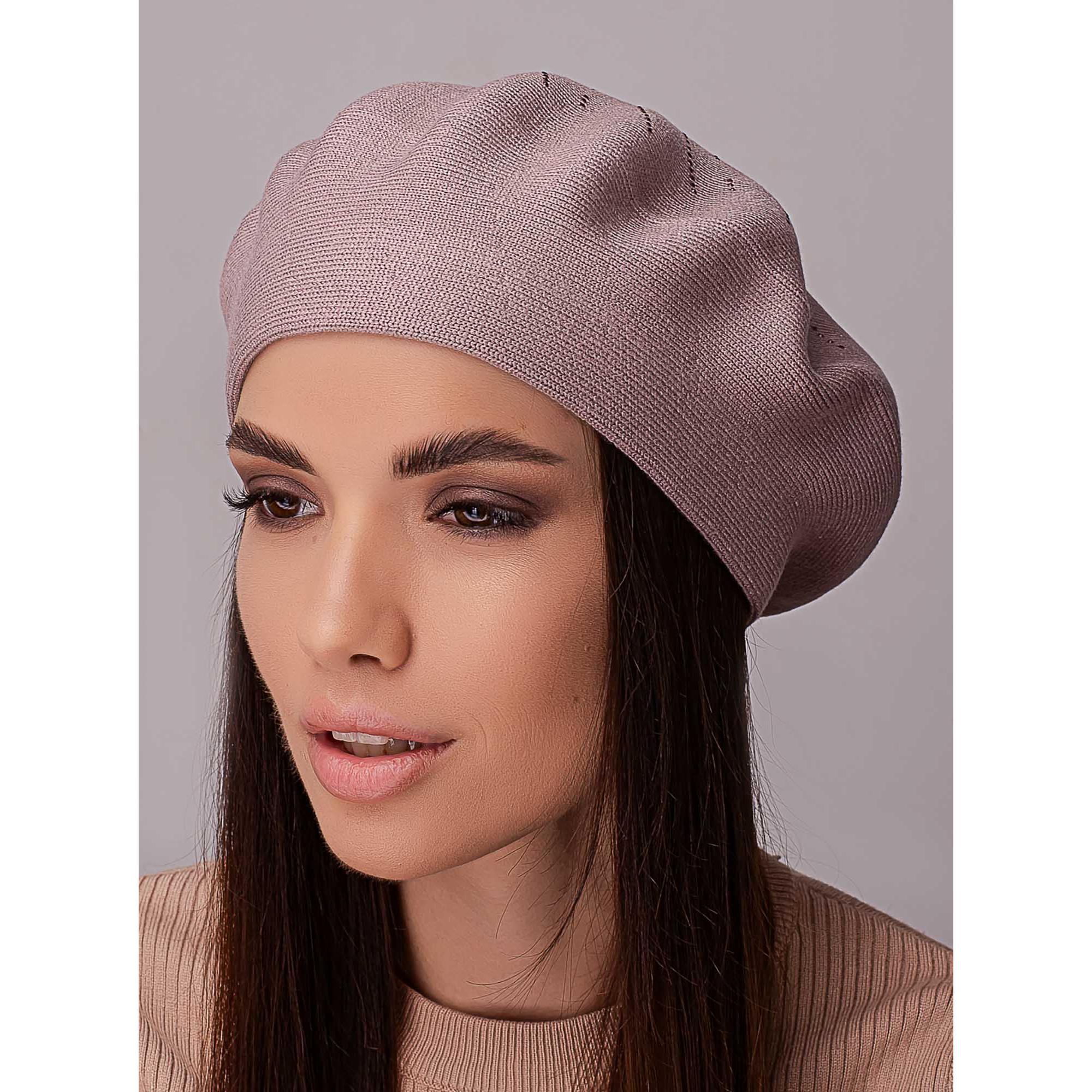 Берет вискозный женский с добавлением шерсти без подкладки украшенный стразами Leks Акация Темная пудра