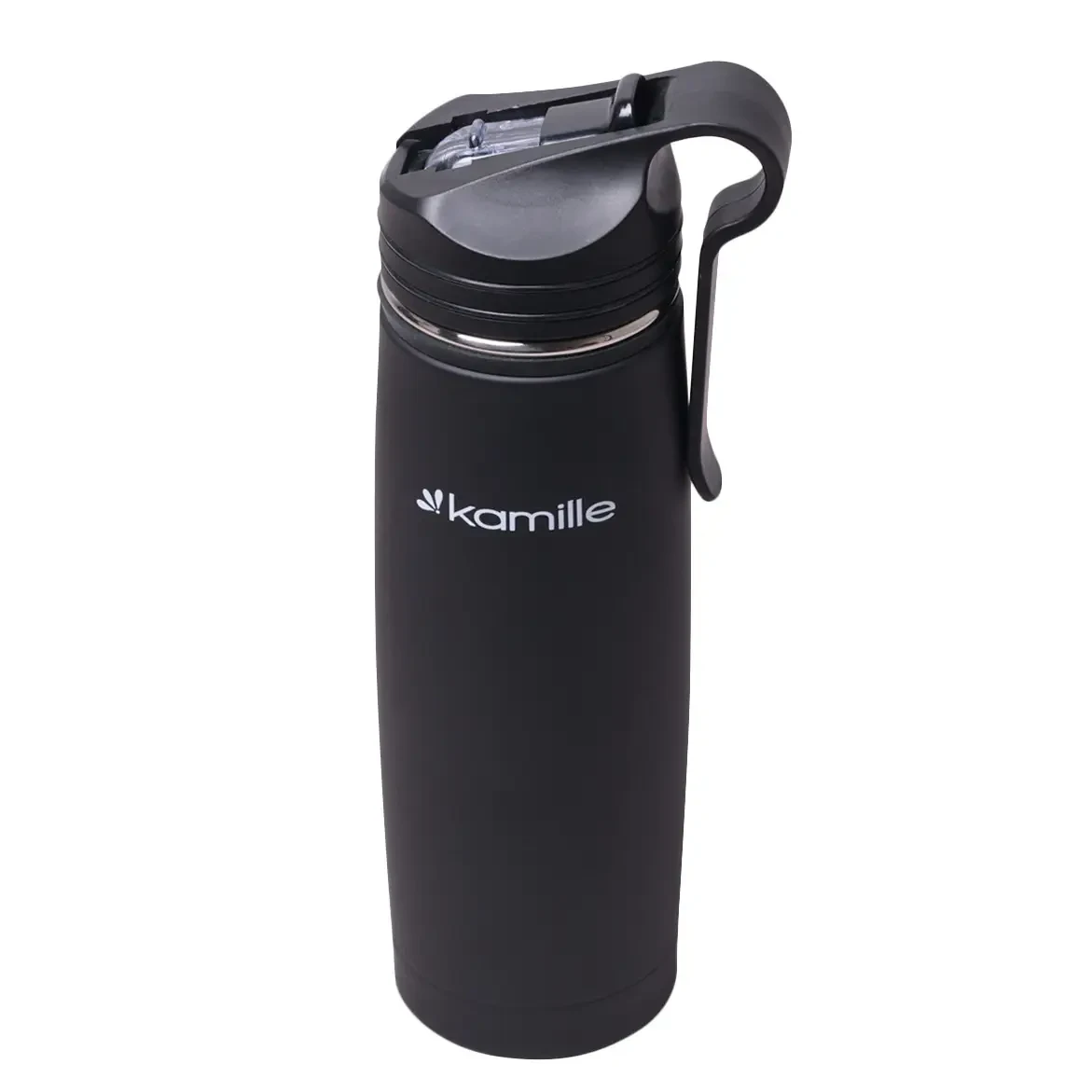 Термос-бутылка Kamille 500 мл из нержавеющей стали с трубочкой и клипсой Черный (KM-2058)