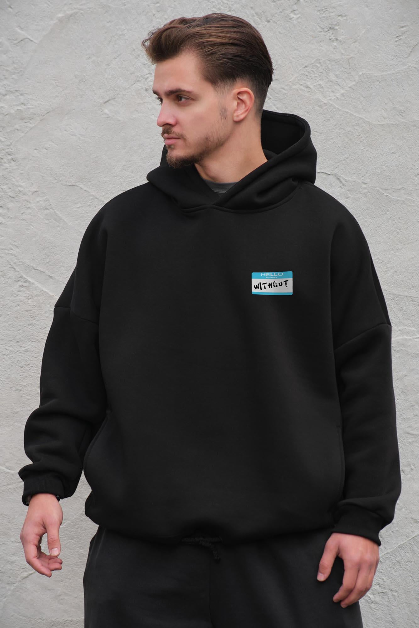 Худи на флисе с капюшоном и принтом оверсайз Without Hello One size Black (8056487 8056488)