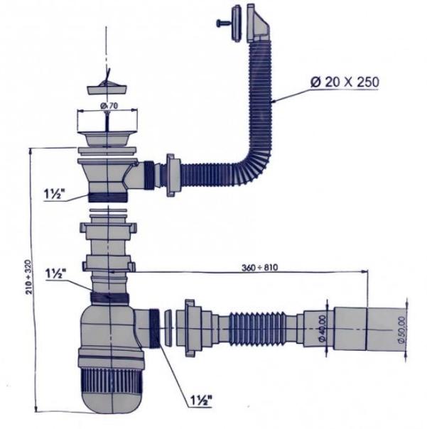 Сифон для мойки Bakimay PL1033 с переливом и гофротрубой 1 1/2" 40x40/50 мм - фото 2