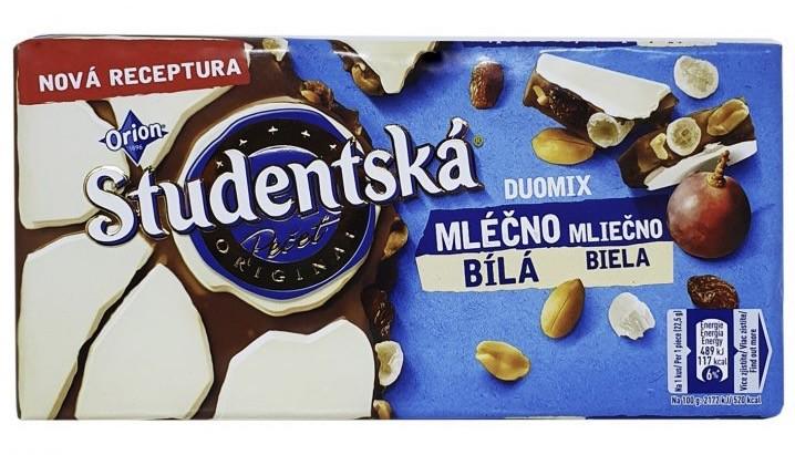 Шоколад молочный и белый Studentska Duo Mix с изюмом арахисом и фруктовым желе 180 г