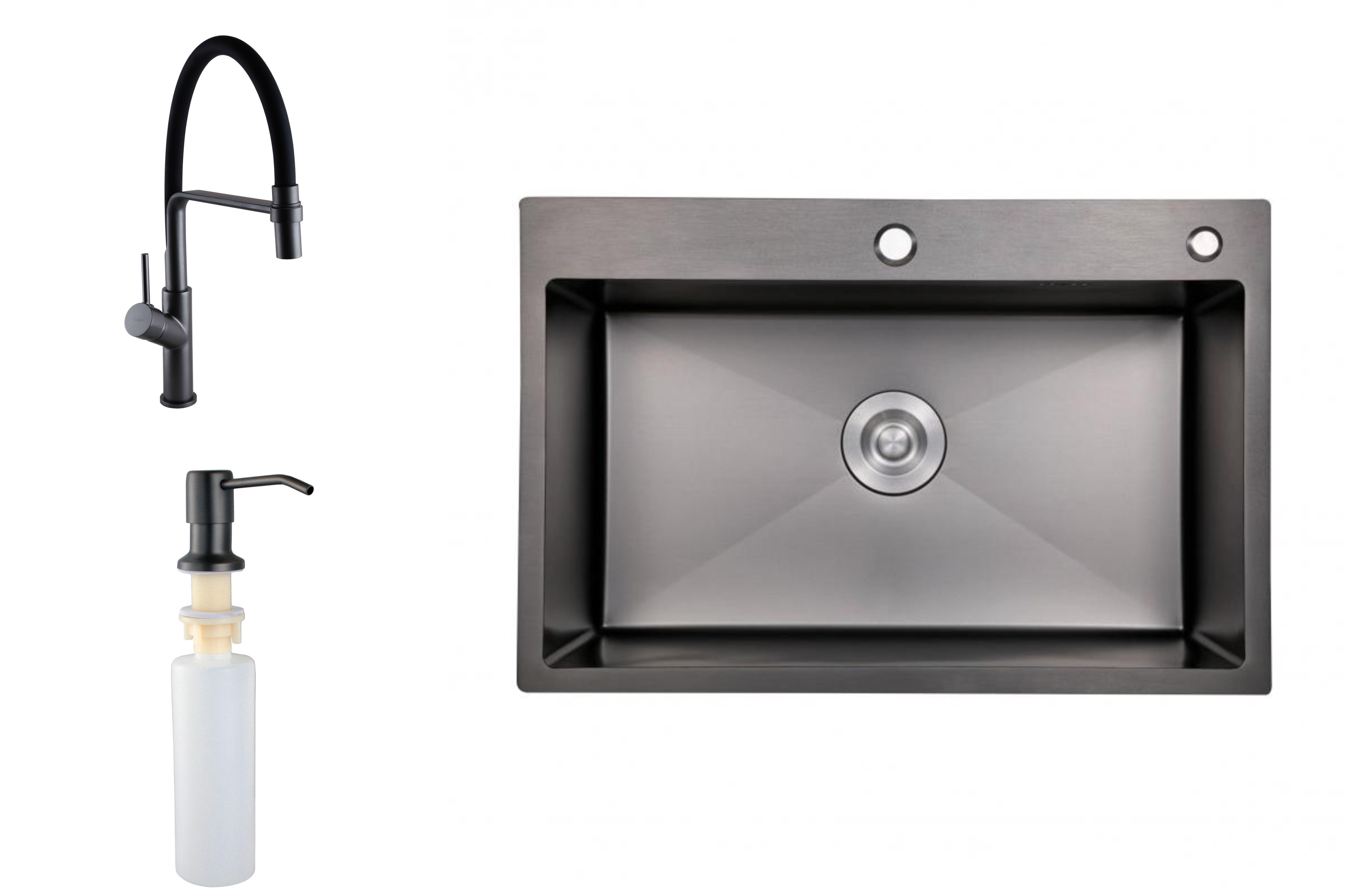 Мийка для кухні з нержавіючої сталі із змішувачем із гнучким виливом із дозатором 50х50 см Чорний (785253)