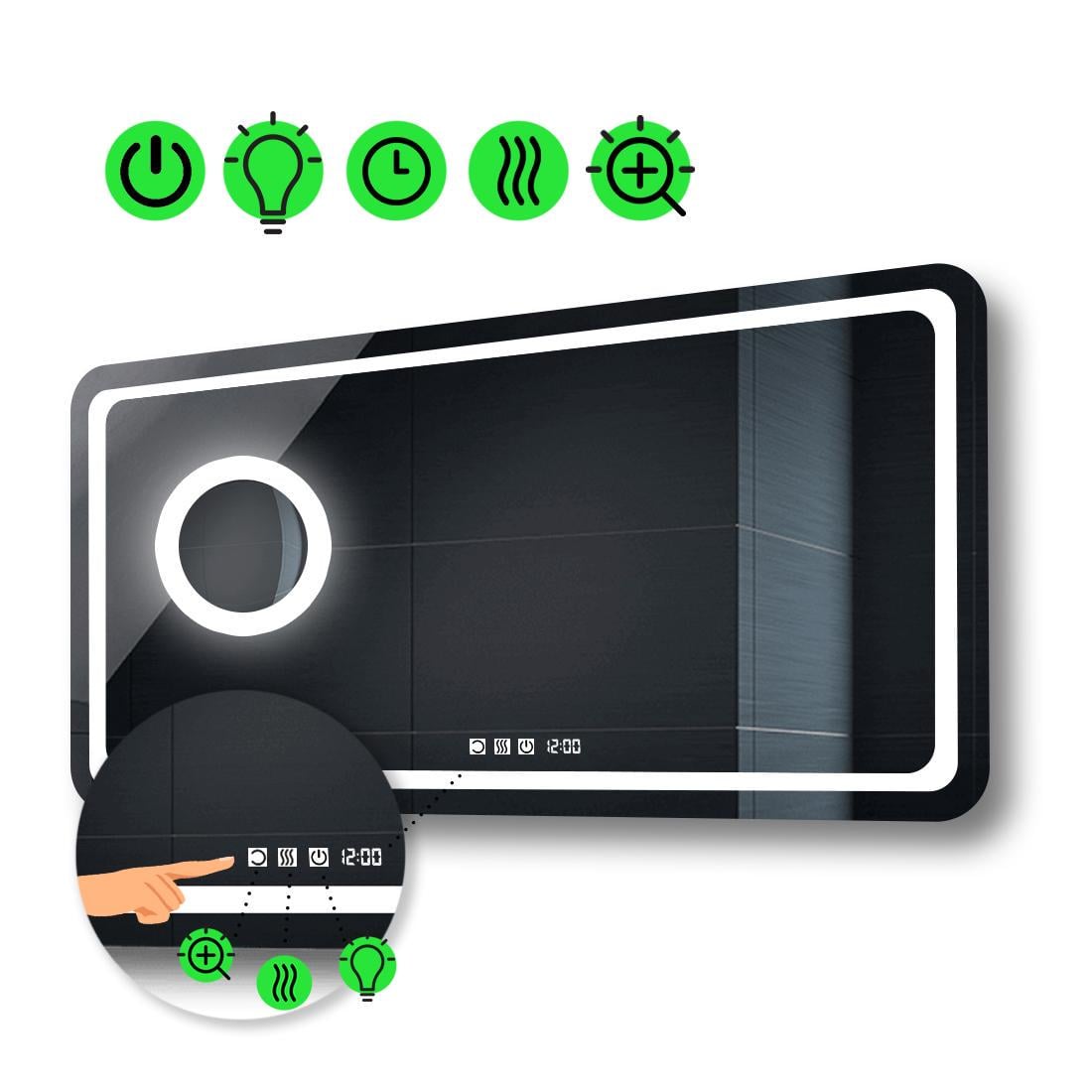 Зеркало Anvi LED с тремя сенсорами/часами/подогревом и линзой 90x60 см (13498537)