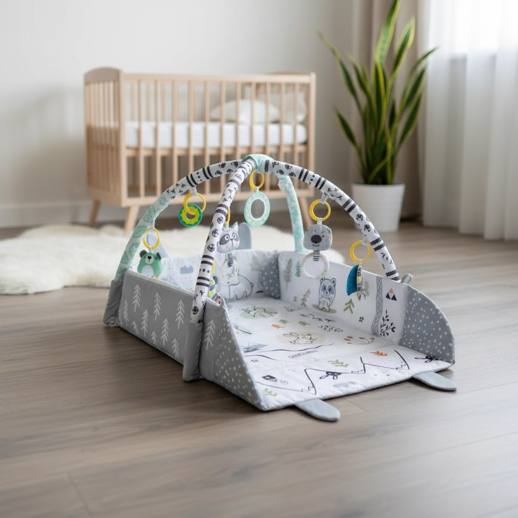 Килимок ігровий розвиваючий для дітей м'який Ricokids з дугами/бортиками та іграшками 110х100х53 см Білий/Сірий (RIC1102)