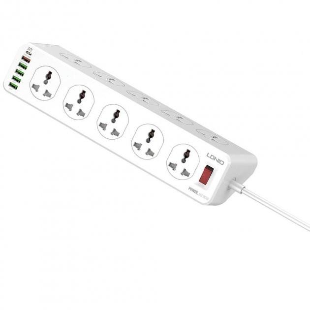 Подовжувач мережевий Ldnio SC10610 5 USB 1 Type-C швидка зарядка Quick Charge 3 2 м 10 розеток White - фото 6