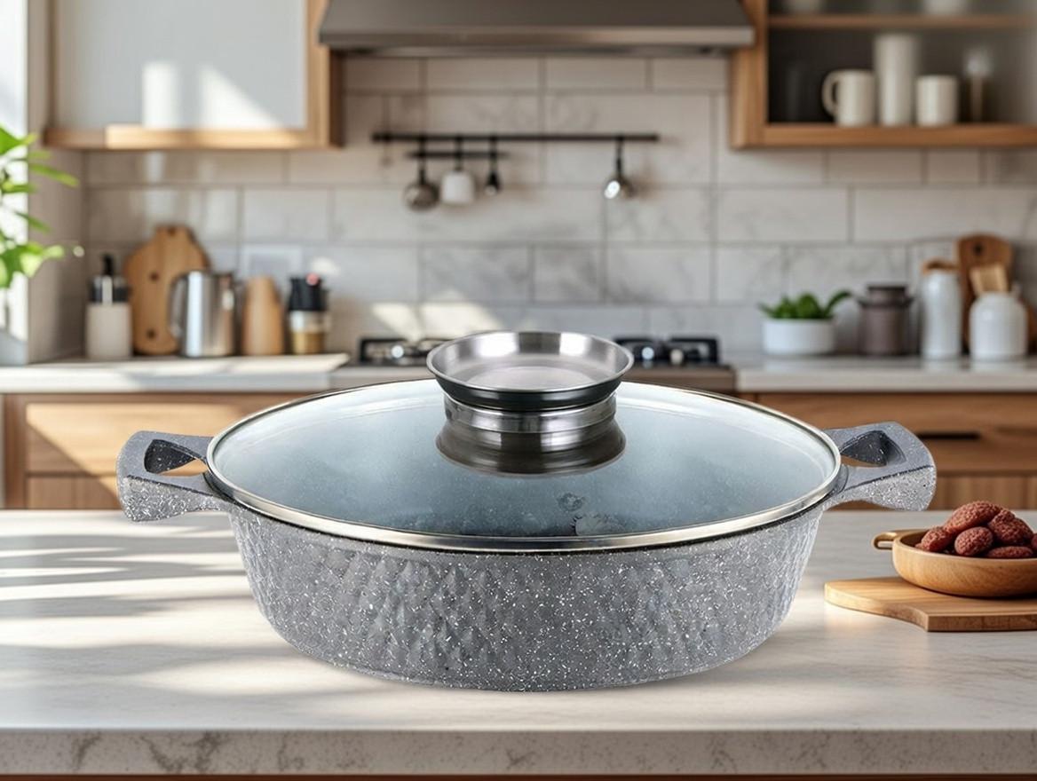 Сотейник ZAUBERG алюмінієвий мармурове покриття індукційний 28 см 3,5 л Сірий (YLS8028 G)