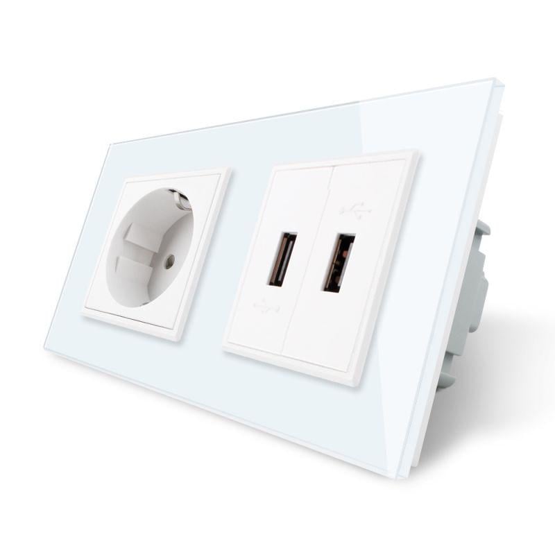 Розетка с заземлением LIVOLO с 2 USB розетками Стеклянный-белый (VL-C7C1EU2USB-11)