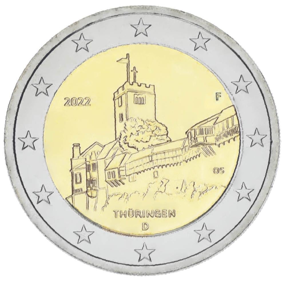 Коллекционная монета Германия 2 евро 2022 Биметалл UNC F Федеральная земля Тюрингия Замок Вартбург (М17091)
