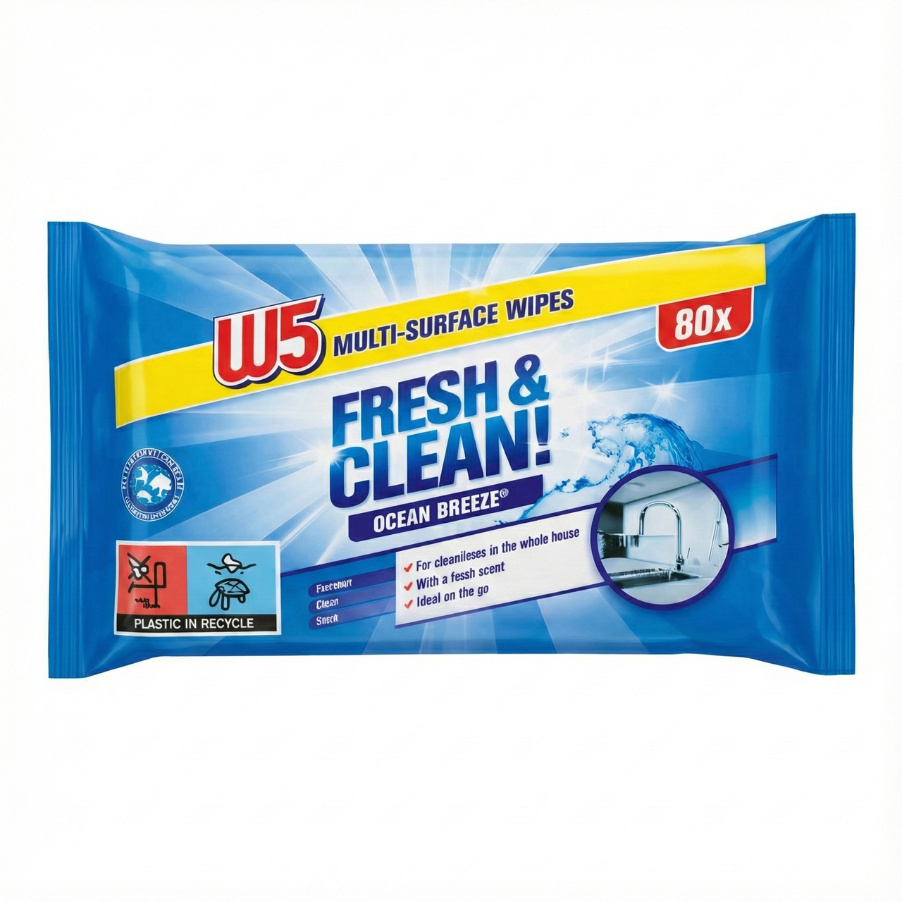 Влажные салфетки для уборки W5 Fresh&Clean 2в1 Океанский бриз 80 шт.