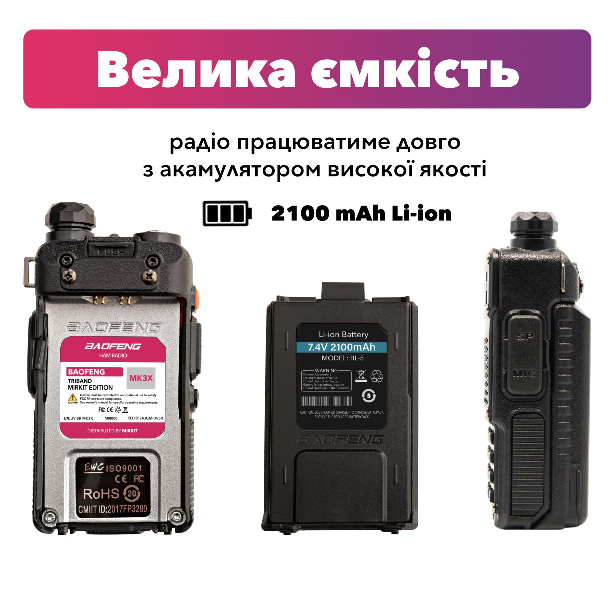 Рация трехдиапазонная Baofeng UV-5R MK3X 5 Вт с усиленным аккумулятором 2100 mah/гарнитурой/шнурком на шею (8040) - фото 4