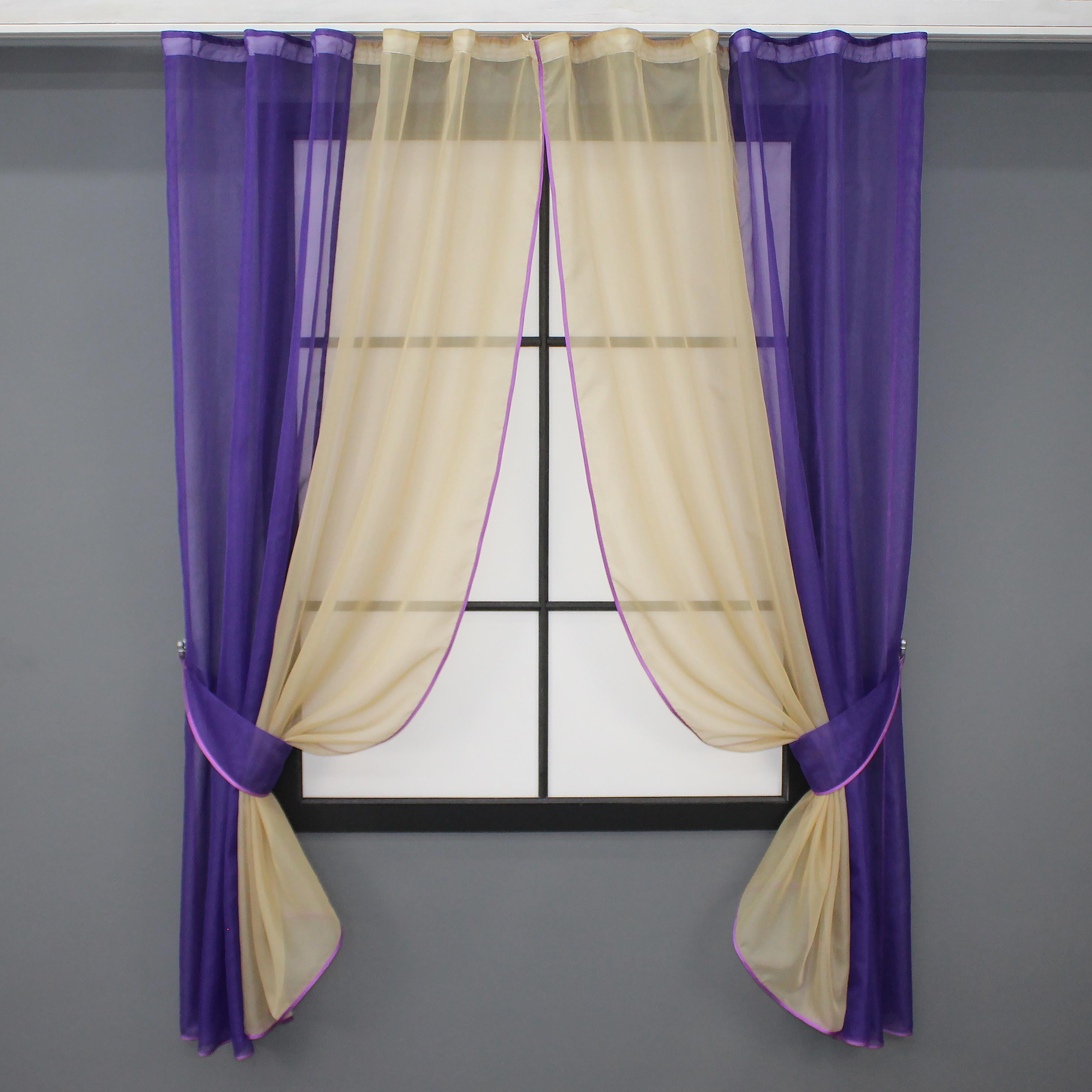 Шторы кухонные VR-Textil №017к комбинированные с подвязками 265х170 см Фиолетовый/Темно-бежевый (50-235)