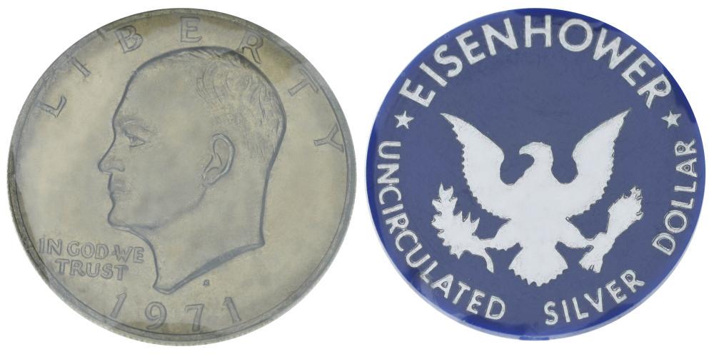 Коллекционная монета США 1 доллар 1971 серебро UNC S Эйзенхауэр в упаковке плюс жетон (М21622)
