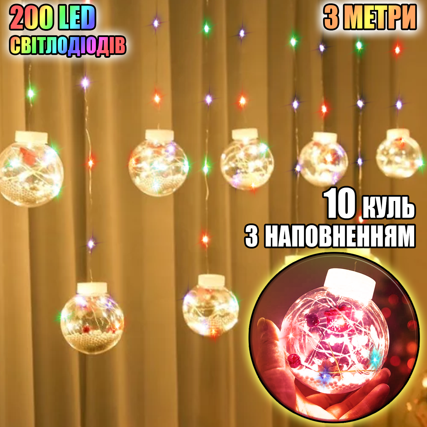 Гирлянда-штора Magnetic Прозрачные шары Подарок LED 3 м RGB (23e5ff4e) - фото 7