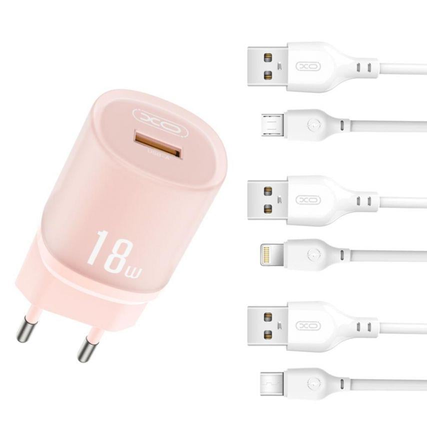 Адаптер Xo L157 1 USB/QC3.0/18 W/Data Cable USB to Lightning pink