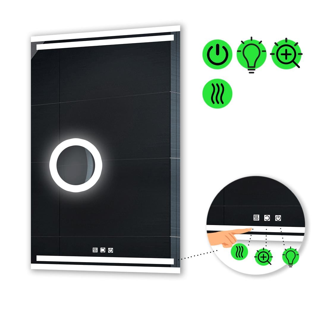 Зеркало с LED подсветкой Mirta с тремя сенсорами/подогревом и линзой с подсветкой 90x80 см (Mirta115)