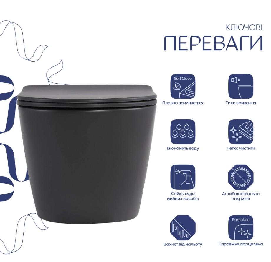 Унітаз підвісний Qtap Robin Ultra Quiet з сидінням Slim Duroplast/Soft-close/Quick relase (QT13332381АSAN) - фото 4