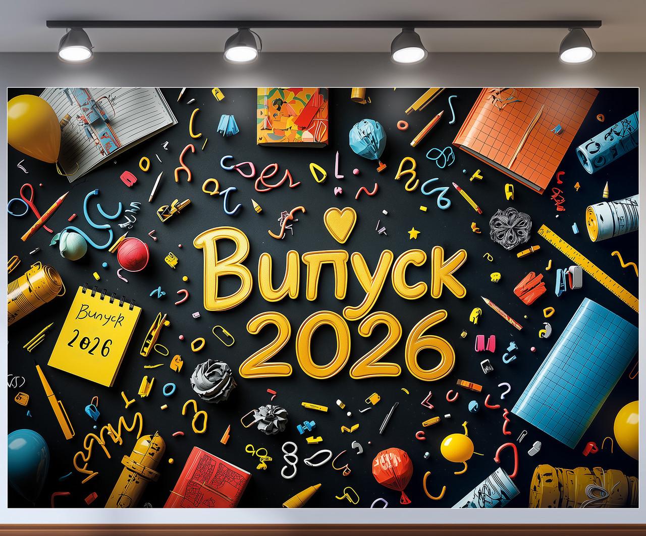 Баннер для фотозоны "Випускний 2026" черный фон с цветными тетрадями и ручками 180x120 см №41314