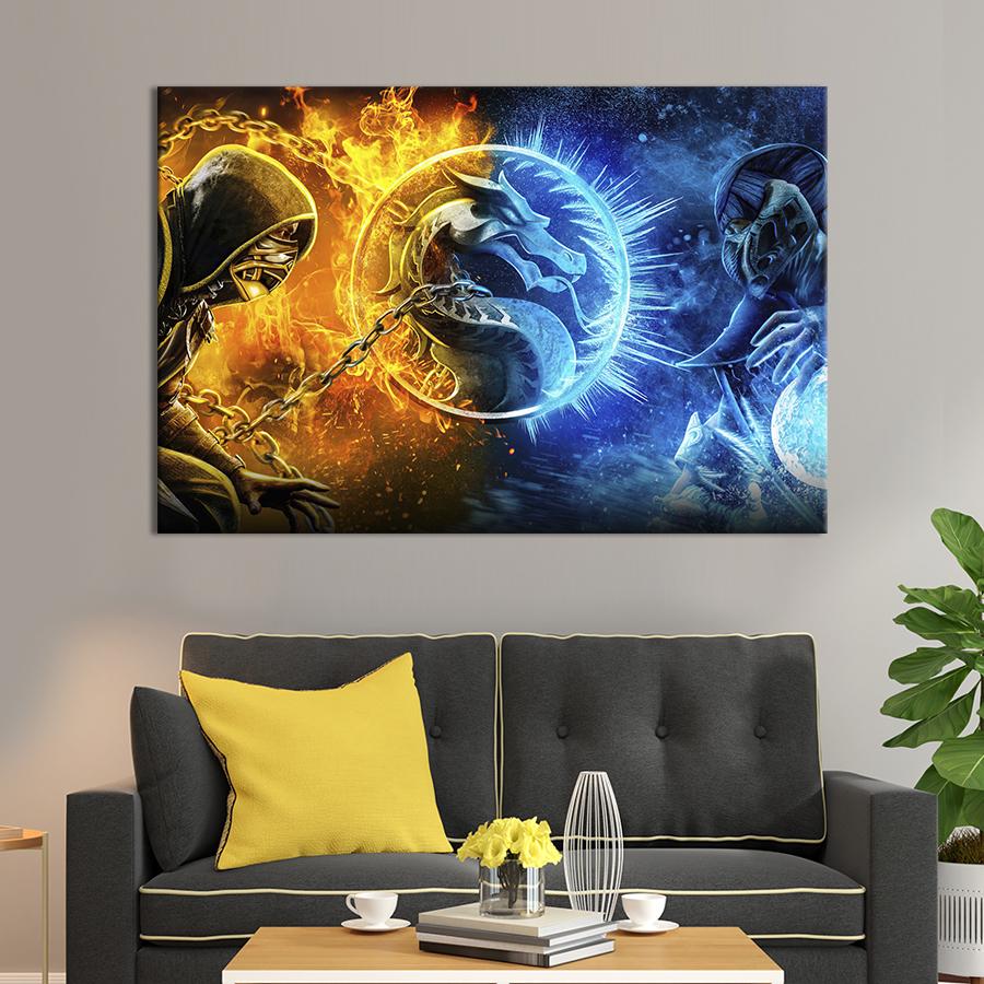 Настенный декор картина на холсте для интерьера Mortal Kombat: Scorpion and Sub-Zero 51x34 см (730-1)