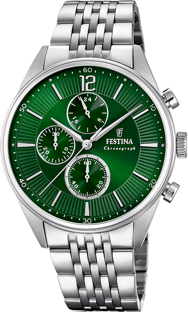 Наручные часы мужские Festina F20285/8 Timeless Chronograph со стальным корпусом WR 50 м и зеленым циферблатом Наручные часы мужские Festina F20285/8 Timeless Chronograph со стальным корпусом WR 50 м и зеленым циферблатом