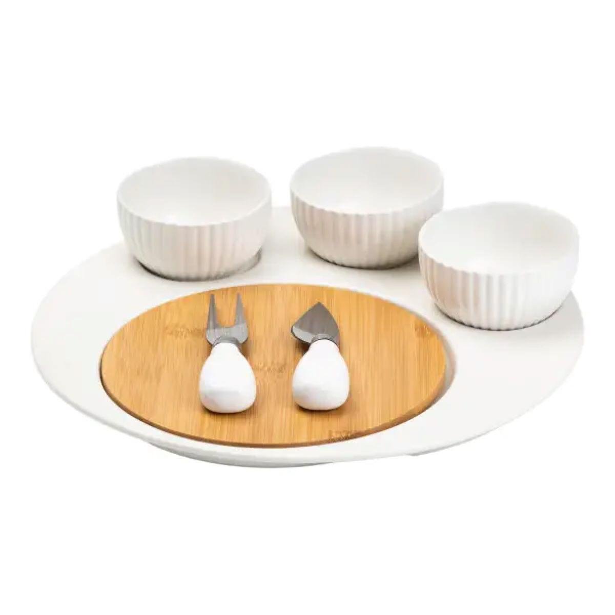 Набір для нарізки сиру керамічна тарілка/ніж/вилка/3 миски/дерев'яна дошка 29 см (4746)