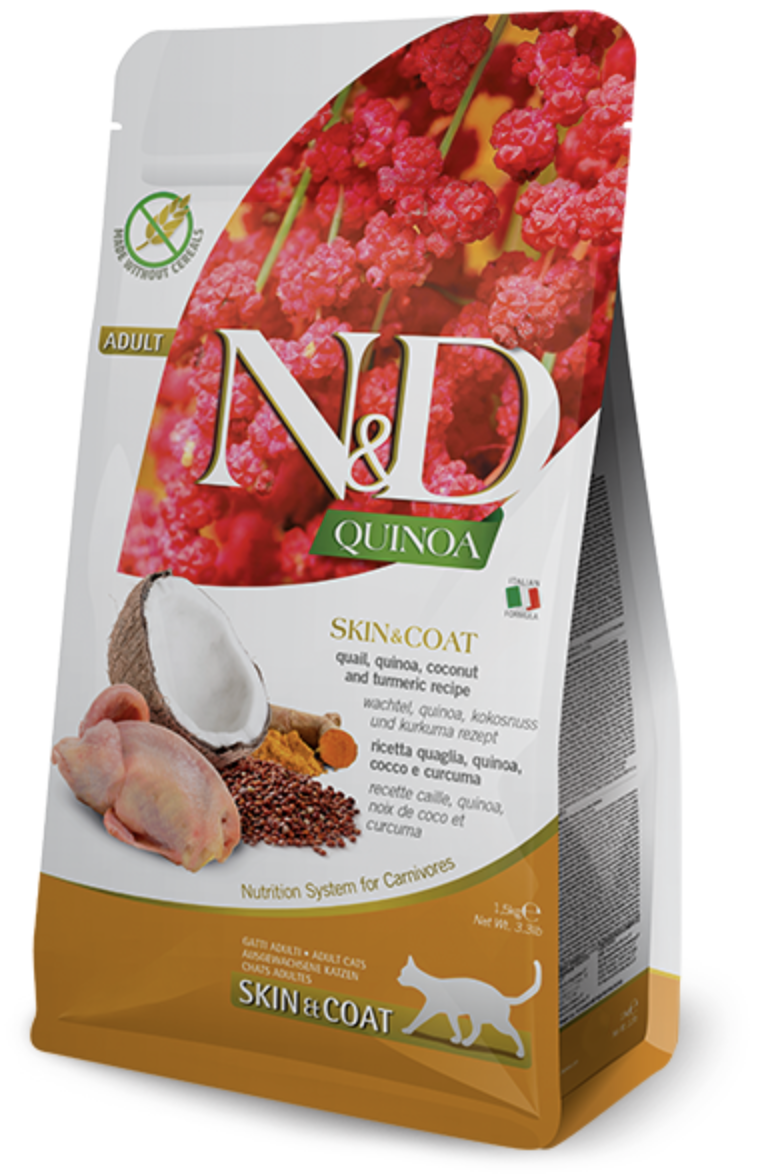 Корм для кошек взрослых Фарміна N&D Quinoa Skin&Coat при пищевой аллергии с перепелом и киноа беззерновой 300 г (35783)