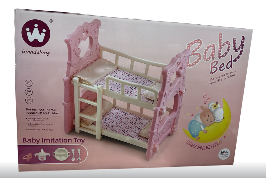Ліжко для ляльки W 6908 B двоповерхове посуд та пустушка в коробці 50х38х55 см
