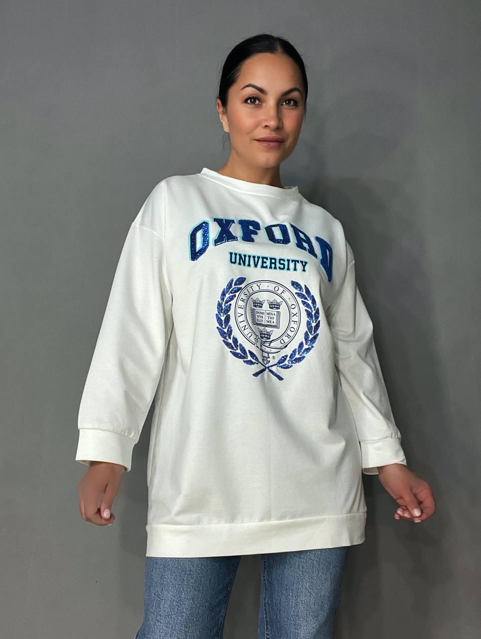 Свитшот женский LSK 6011 удлиненный туника вышивка впереди OXFORD пайетки OS Белый (1869) - фото 6