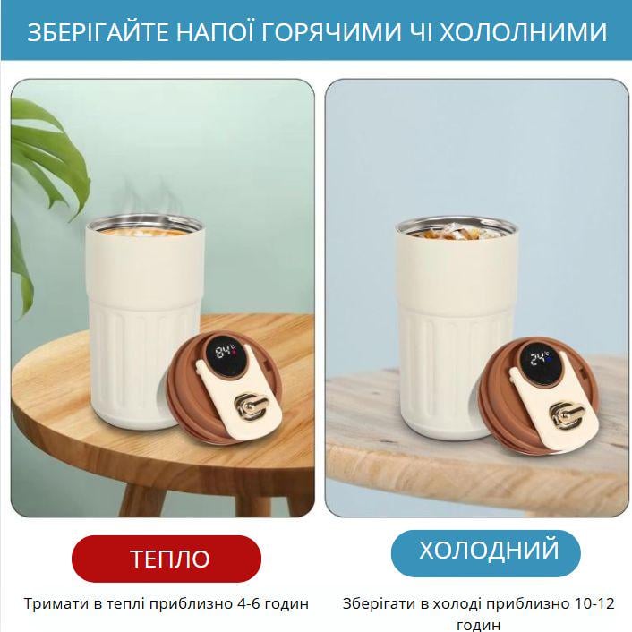 Термокухоль з інтелектуальним дисплеєм температури нержавіюча сталь з коричневою кришкою 420 мл Білий (2466192152) - фото 16
