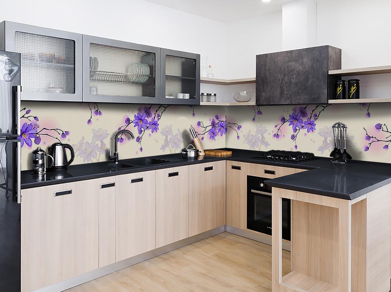 Кухонный фартук Фиолетовые цветы на ветке из самоклеющейся виниловой пленки 60х250 см Бежевый