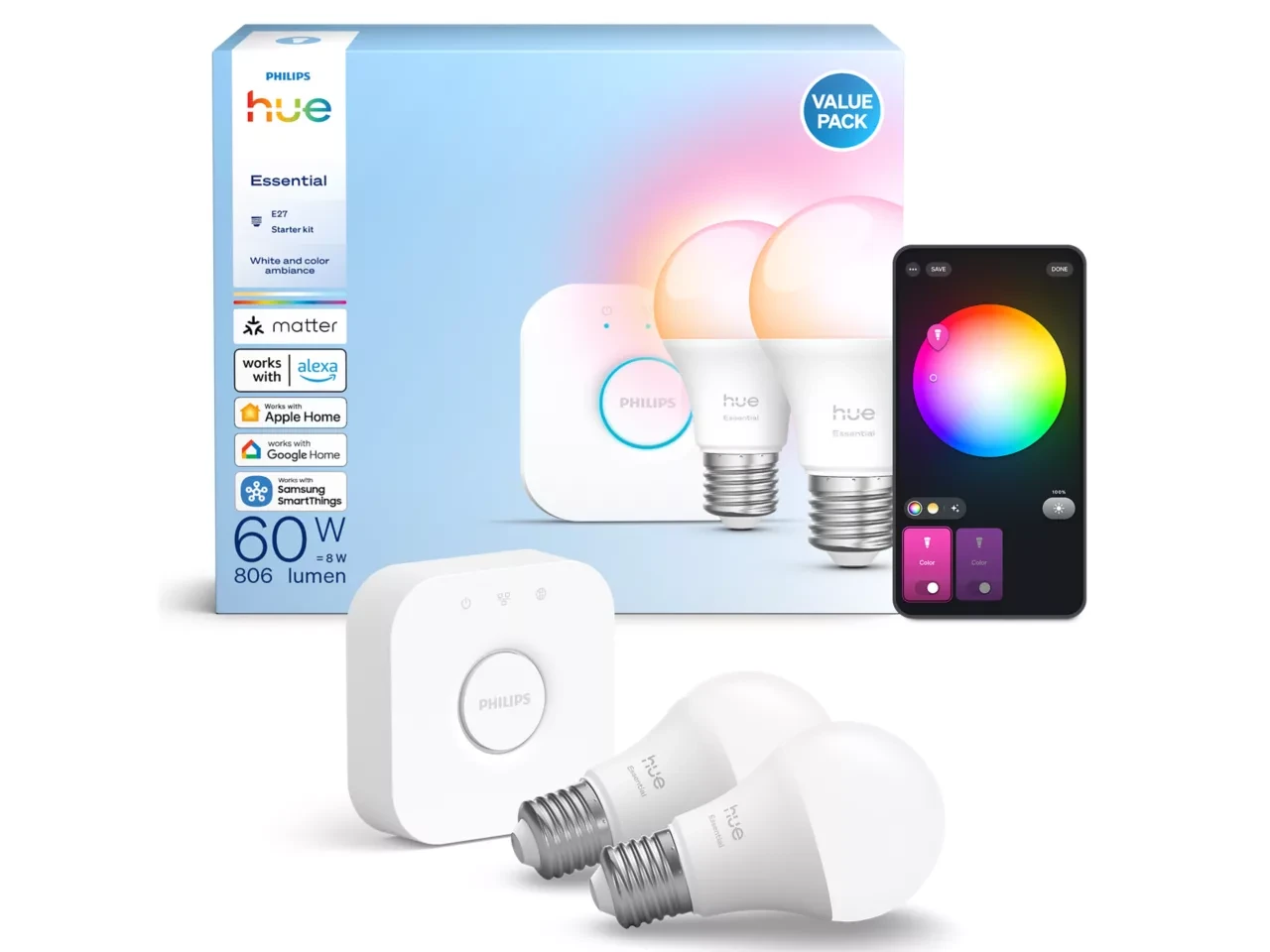 Стартовий комплект Philips Hue E27 Essential White and Color 806лм 60Вт 2 шт. та блок керування Philips Hue Bridge Apple HomeKit (2795763248)
