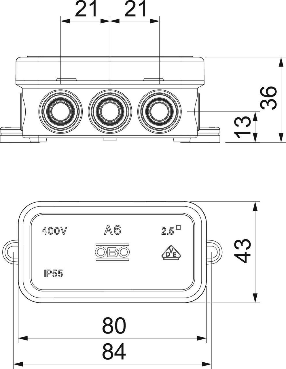 Розподільча коробка OBO bettermann А6 зовнішня 10 герметичних вводів IP55 PE 84х43х36 мм (2000001) - фото 2