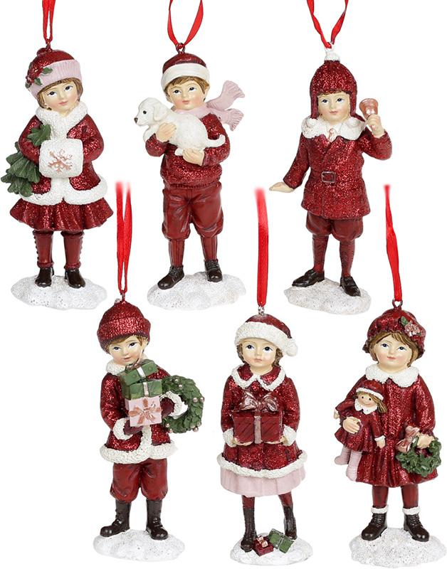 Набор подвесных фигурок детей в ожидании Нового Года 6 шт. 12 см Бордово-розовый