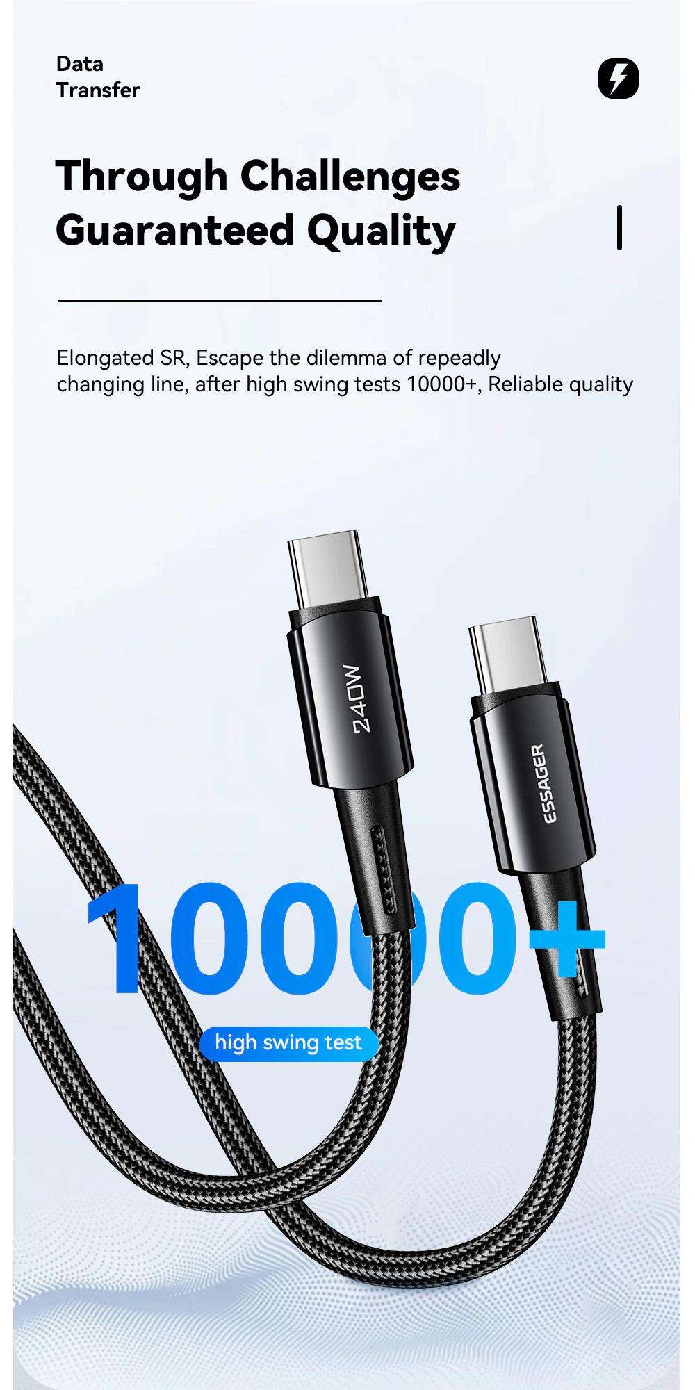 Кабель Essager USB Type-C до USB Type-C 240W PD 48V 5A быстрая зарядка 1 м Черный - фото 7