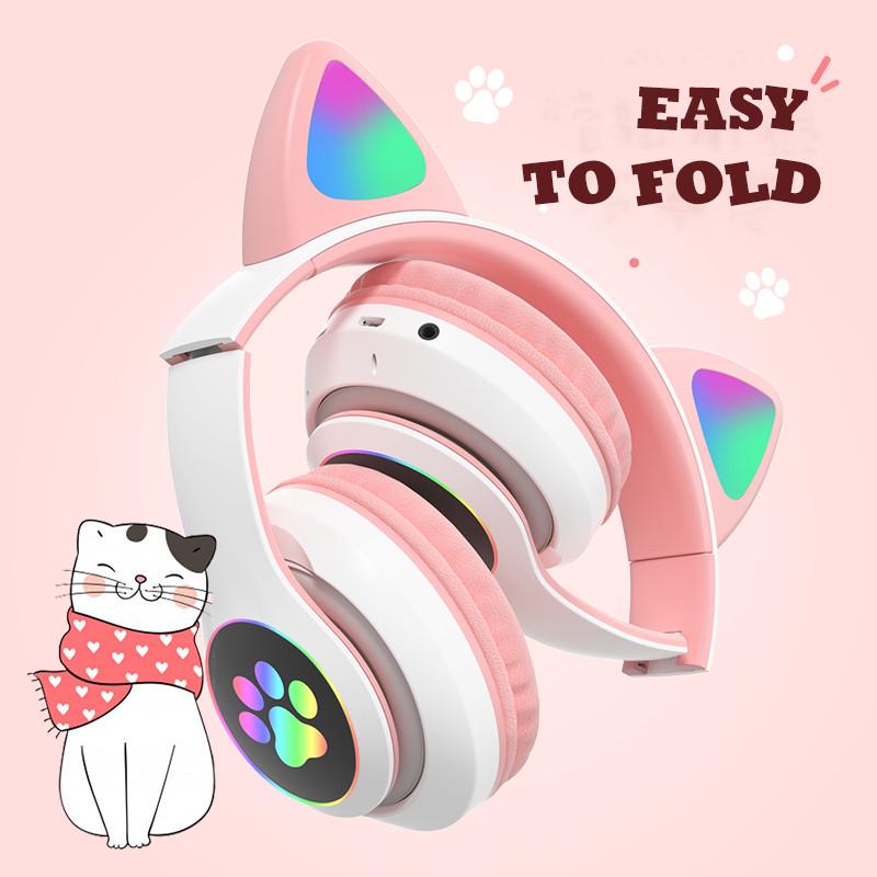 Наушники Кошачьи ушки беспроводные с подсветкой RGB и MP3 Cute Headset Розовый - фото 4