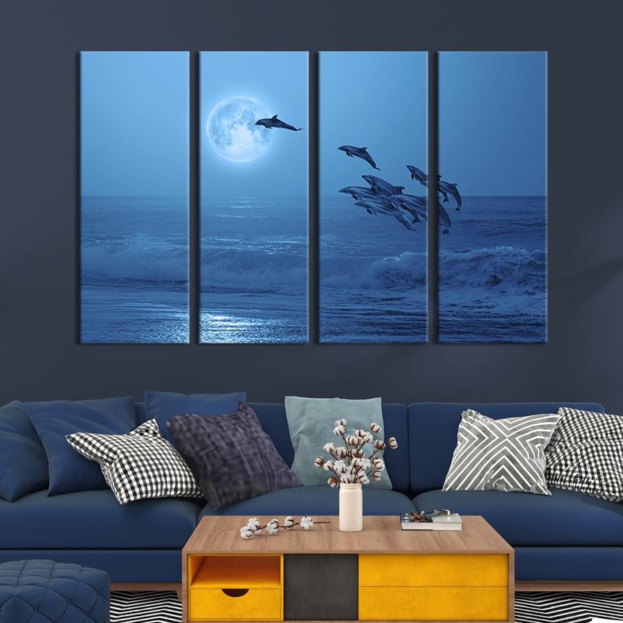 Модульная картина на холсте Полиптих Стая дельфинов на фоне полнолуния 209x133 см (209-41)