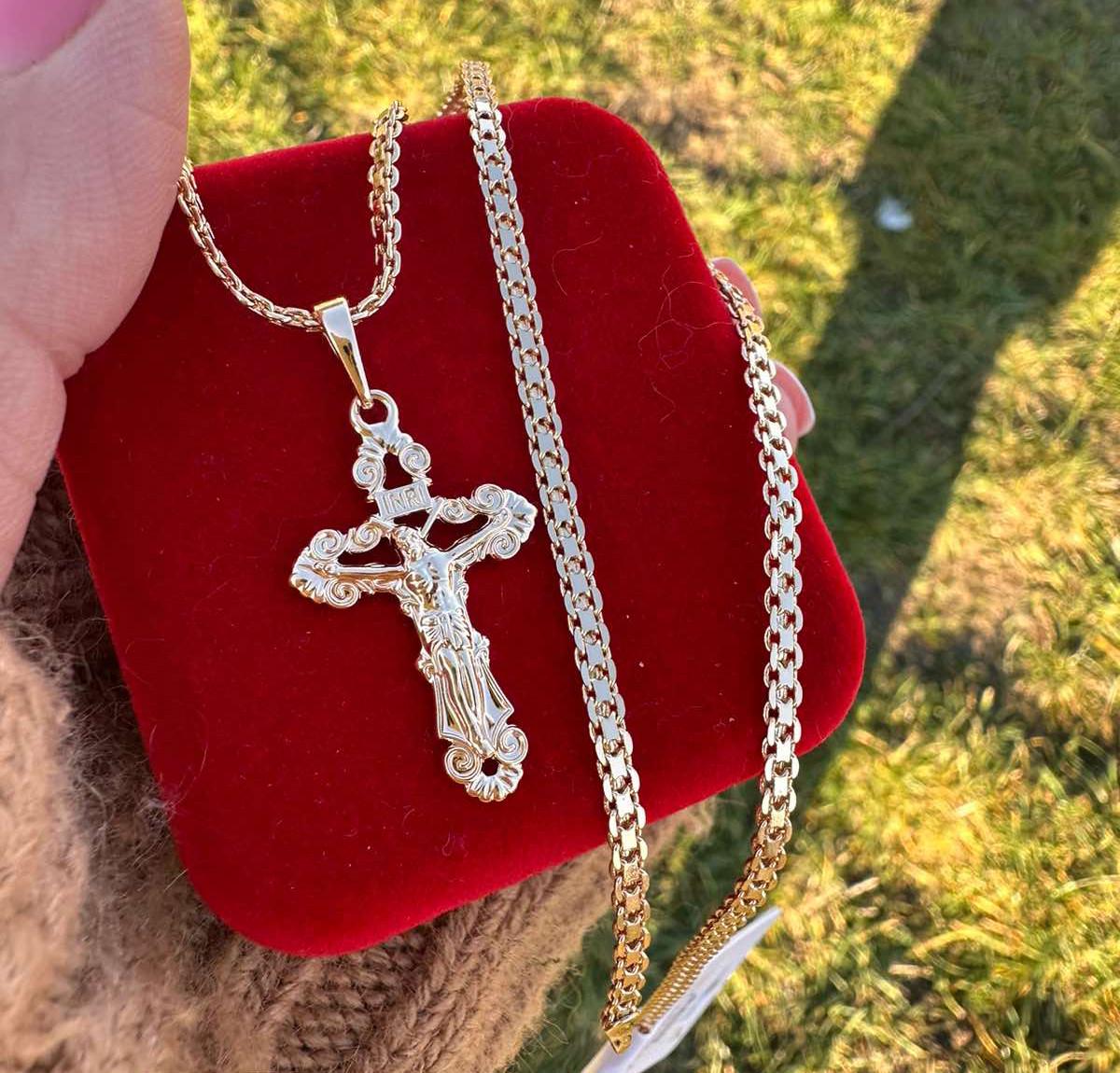 Набор украшений Xuping цепочка плетение бисмарк 60 см 3 мм/крестик классический 2,5 см 18к 585п Золотой (82-064)