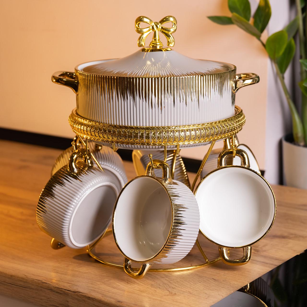 Сервіз суповий на 6 персон супниця на підставці з бульйонницями 2 л 400 мл Сірий з золотим (FM-A23-6)