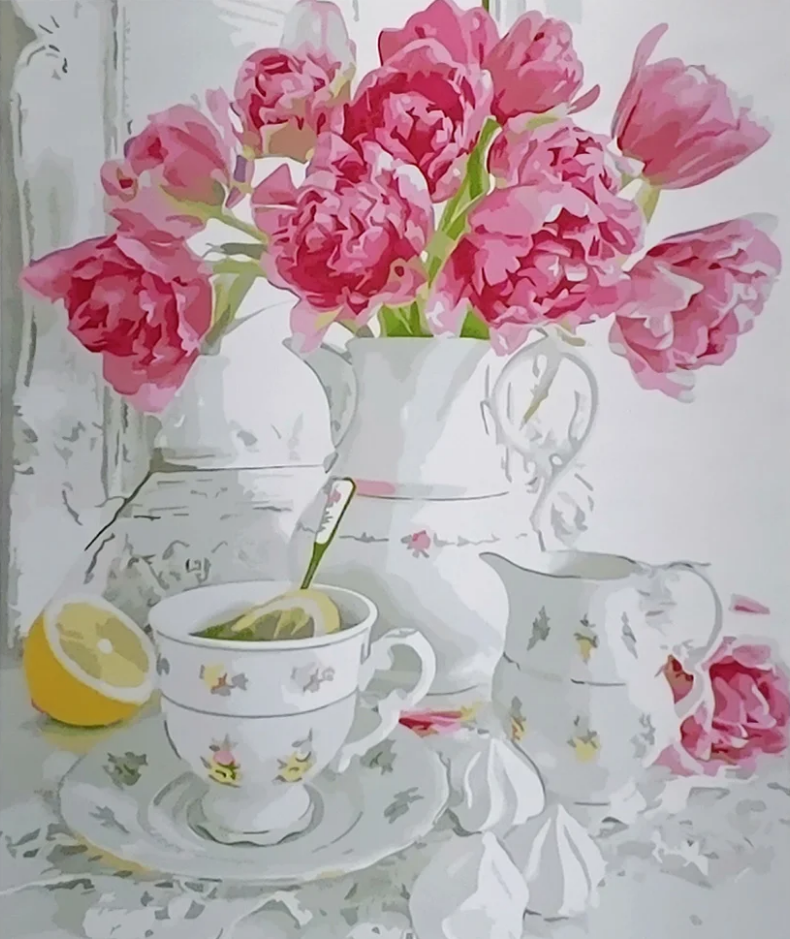 Картина по номерам Strateg Премиум Чай лимон и цветы с лаком и уровнем 40x50 см (SY6646)