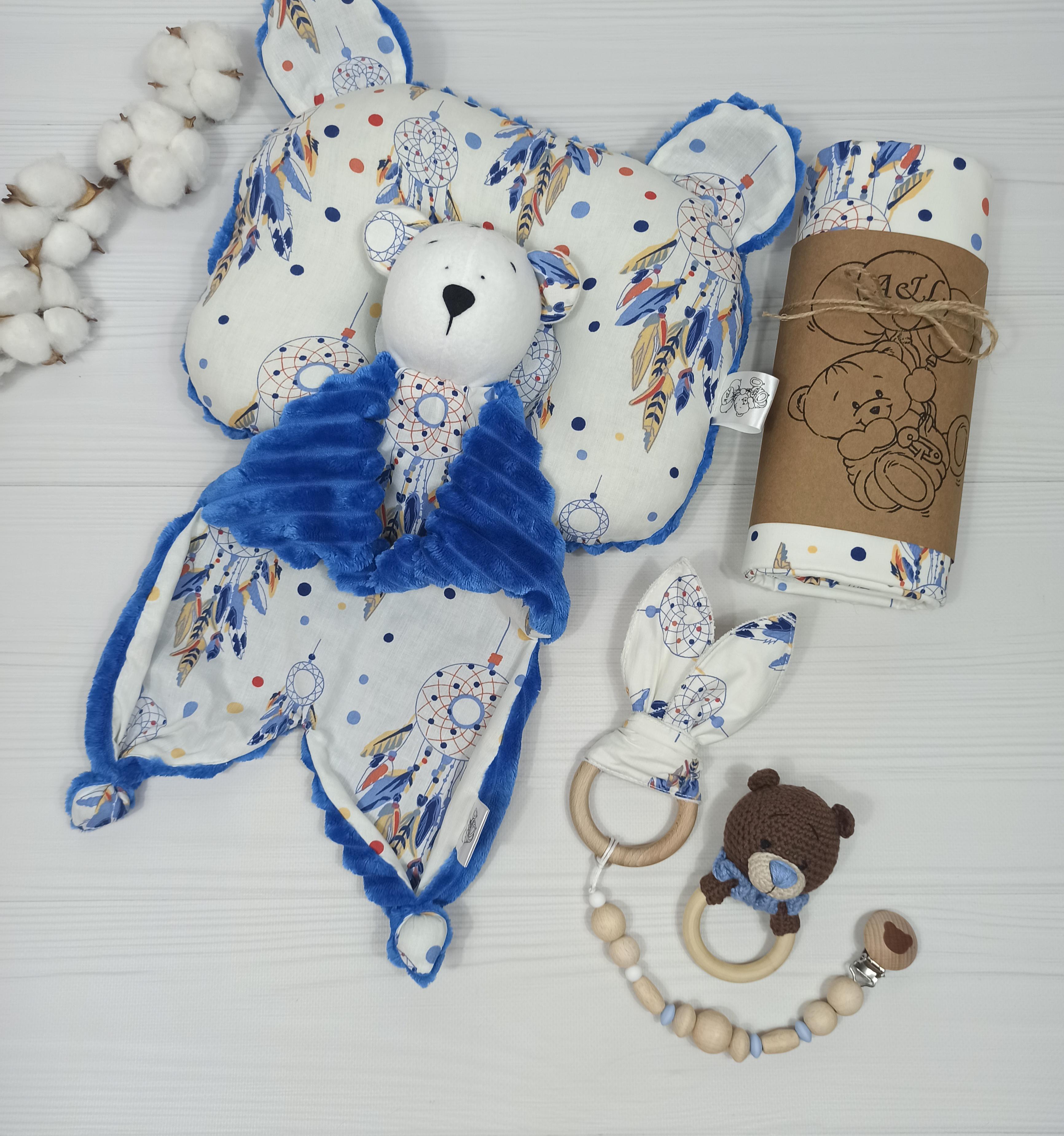 Подарунковий набір a.l.babybox Ловець снів пелюшка/подушка/комфортер/гризунець/тримач для пустушок Синій (NA 18205197)