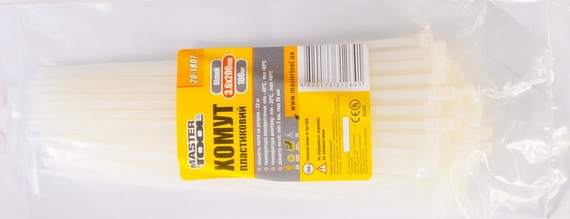 Хомут пластиковый MasterTool 3,6х200 мм 100 шт. Белый (20-1807)