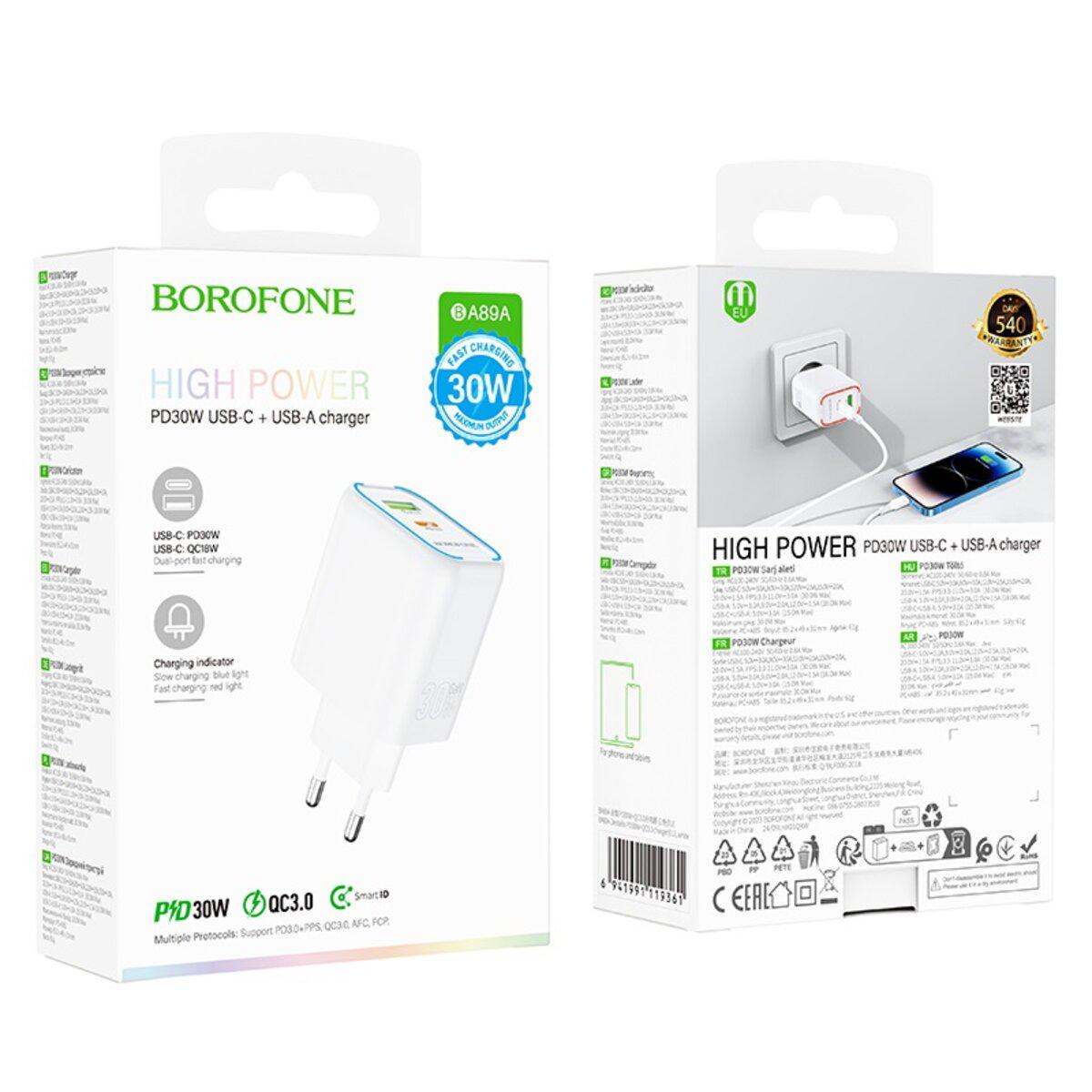 Зарядное устройство Borofone BA89A Destello PD QC 3.0/Type-C/USB EU 30W White (28054854) - фото 5 Зарядное устройство Borofone BA89A Destello PD QC 3.0/Type-C/USB EU 30W White (28054854) - фото 5