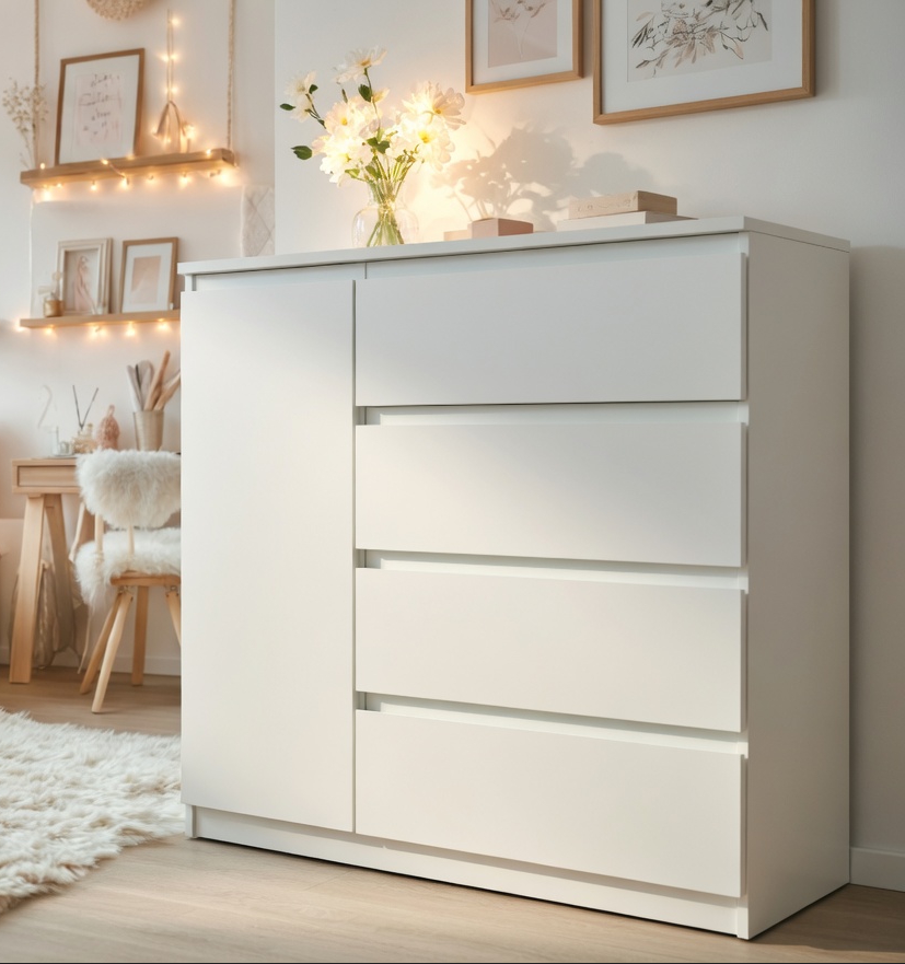 Комод Мастер Форм Брайт ДСП 4/1 левосторонний телескопические направляющие 1000х376х950 мм Белый Комод Мастер Форм Брайт ДСП 4/1 левосторонний телескопические направляющие 1000х376х950 мм Белый