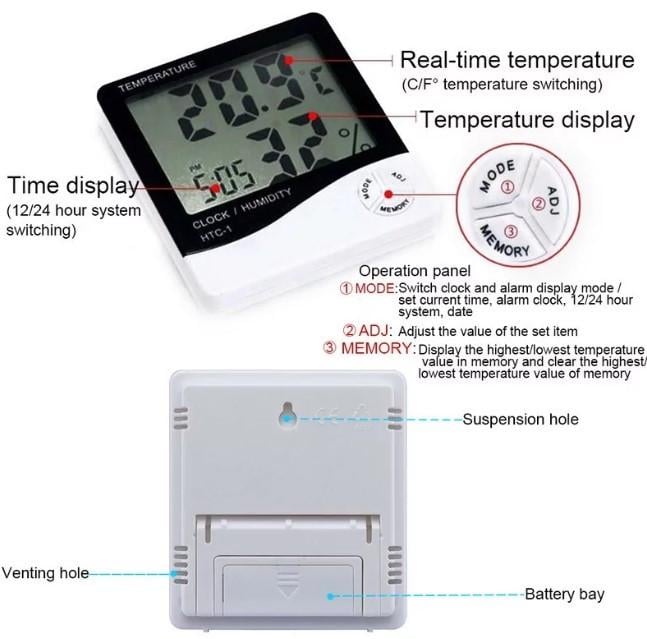 Термометр цифровий HTC-1 годинник/гігрометр (5715) - фото 7