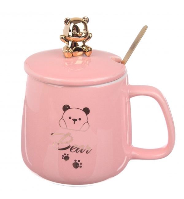 Чашка керамическая Bear с ложечкой 350 мл Розовый (414836)