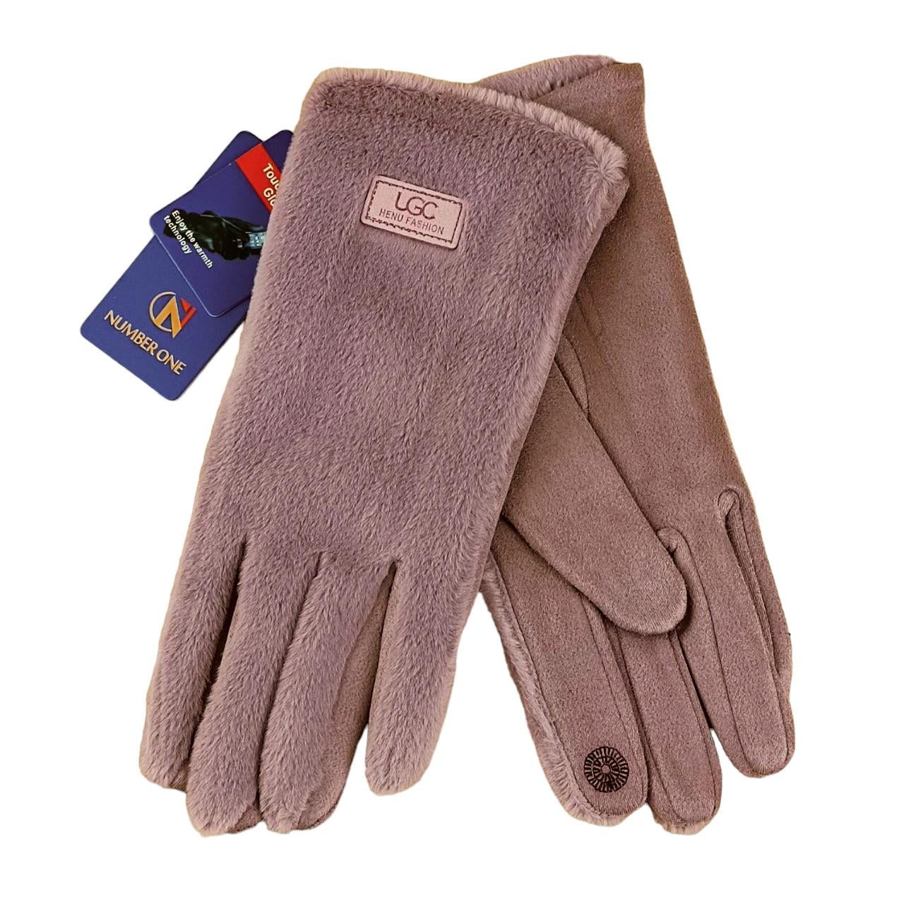 Перчатки женские сенсорные мех/велюр с нашивкой S-M Сиреневый (47180)