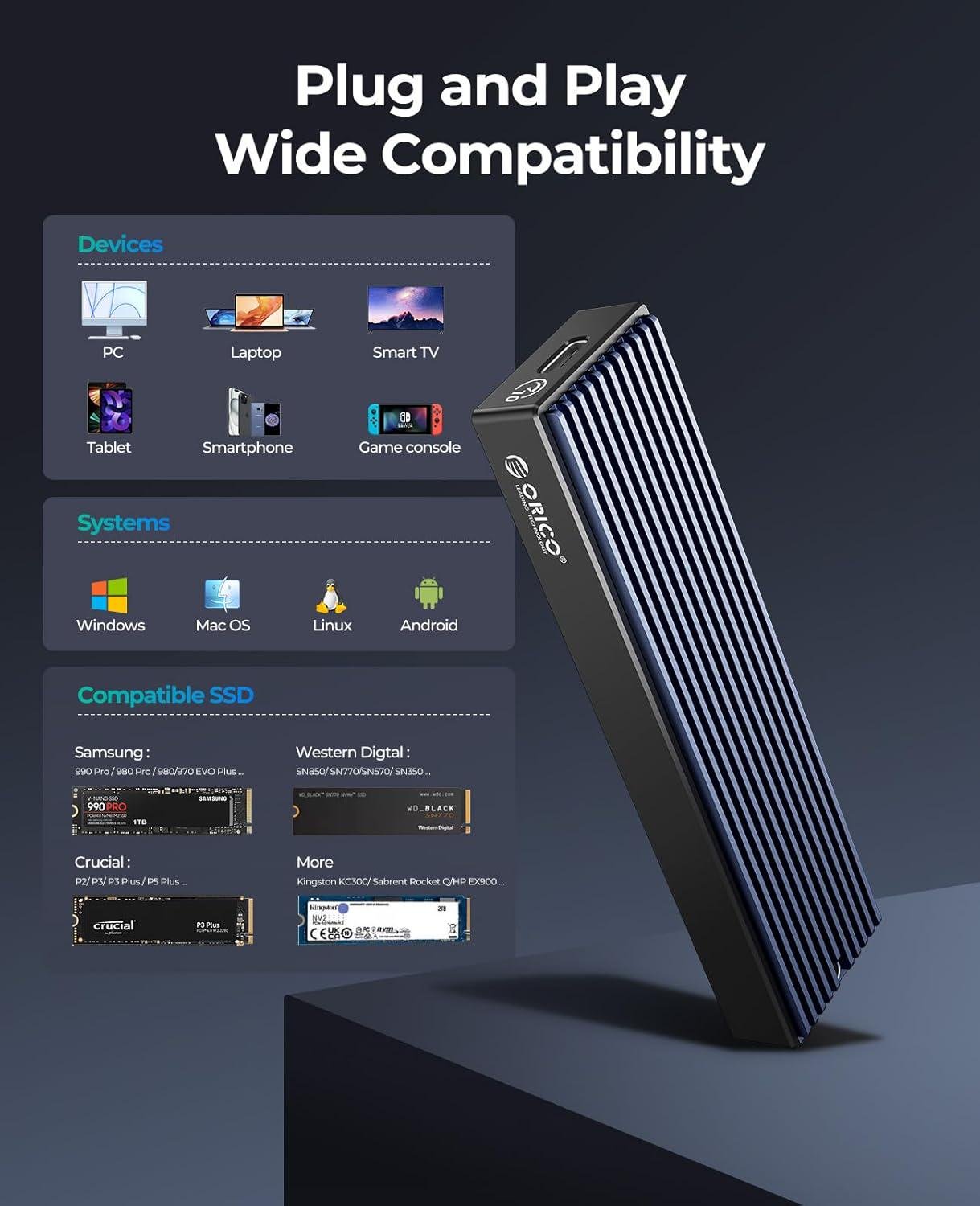 Внешний карман Orico M2PV-C3 для NVMe PCIe M2 SSD USB 3.1 Gen 2 Type-C - фото 4