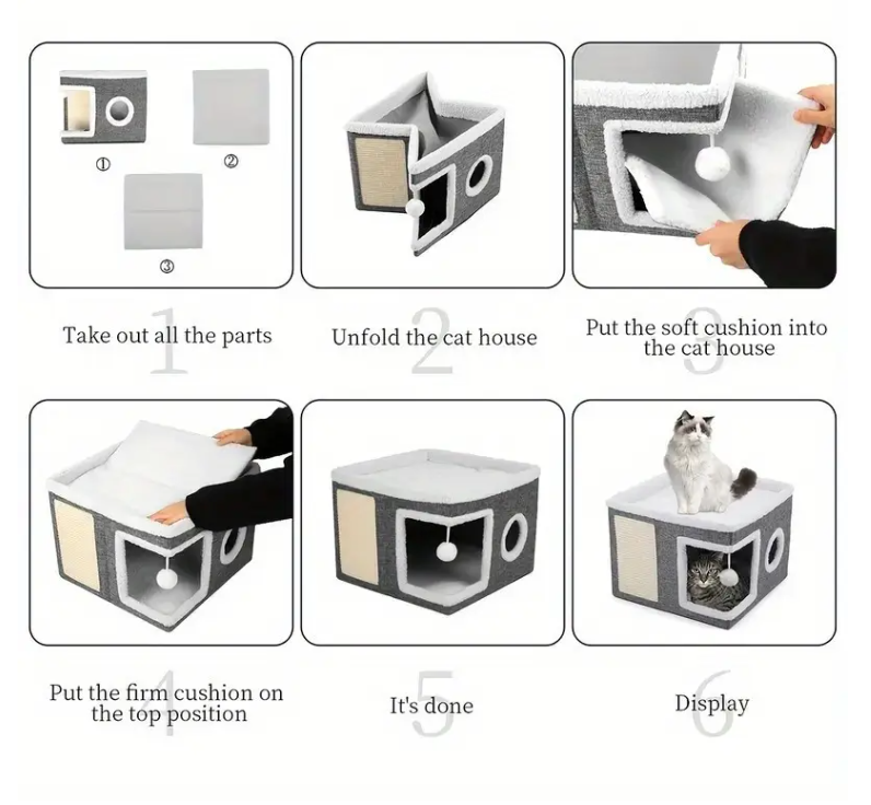 Ліжко-будиночок котяче дворівневе з печерою і кігтеточкою 41x41x35 см Сірий (2011) - фото 3 Ліжко-будиночок котяче дворівневе з печерою і кігтеточкою 41x41x35 см Сірий (2011) - фото 3
